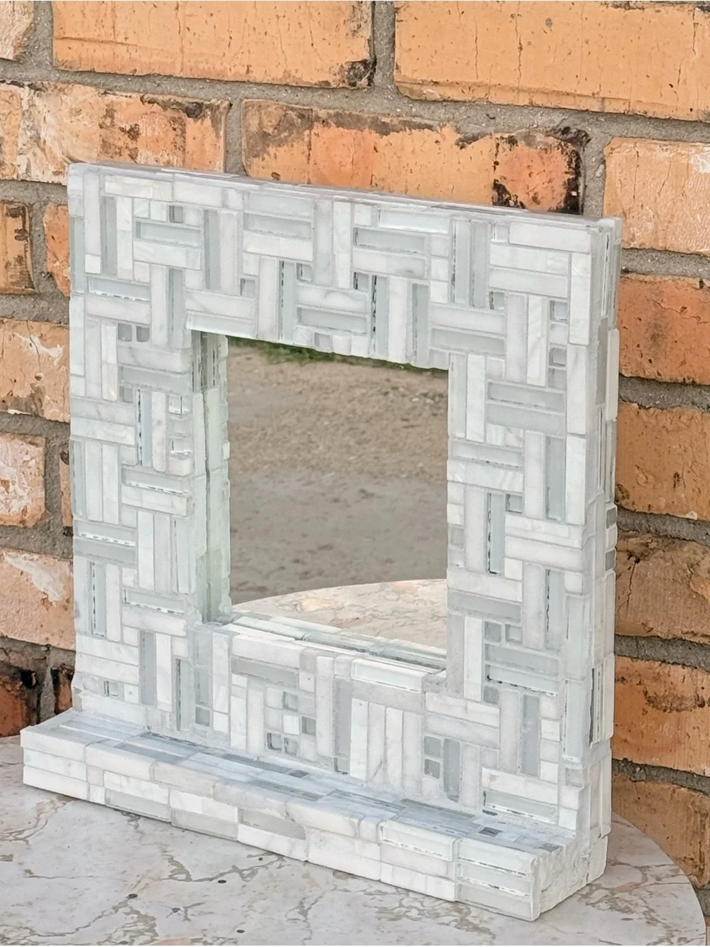 White Mosaic Tabletop Vanity Mirror- Modern Tiled Frame With 6x6” Inside Mirror